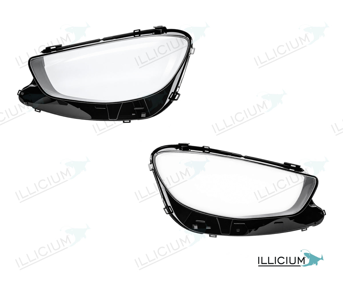 E-Klasse W213 · Facelift – Scheinwerferglas Paar, links und rechts in Fahrtrichtung, Produktillustration mit ILLICIUM-Logo