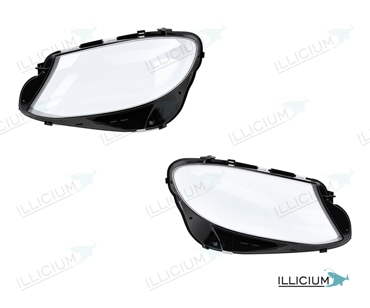 E-Klasse W213 · Vorfacelift – Scheinwerferglas Paar, links und rechts in Fahrtrichtung, Produktillustration mit ILLICIUM-Logo