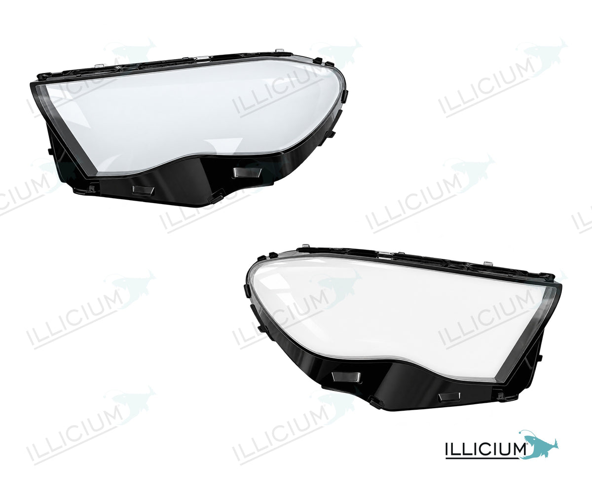 E-Klasse W214 · Vorfacelift – Scheinwerferglas Paar, links und rechts in Fahrtrichtung, Produktillustration mit ILLICIUM-Logo