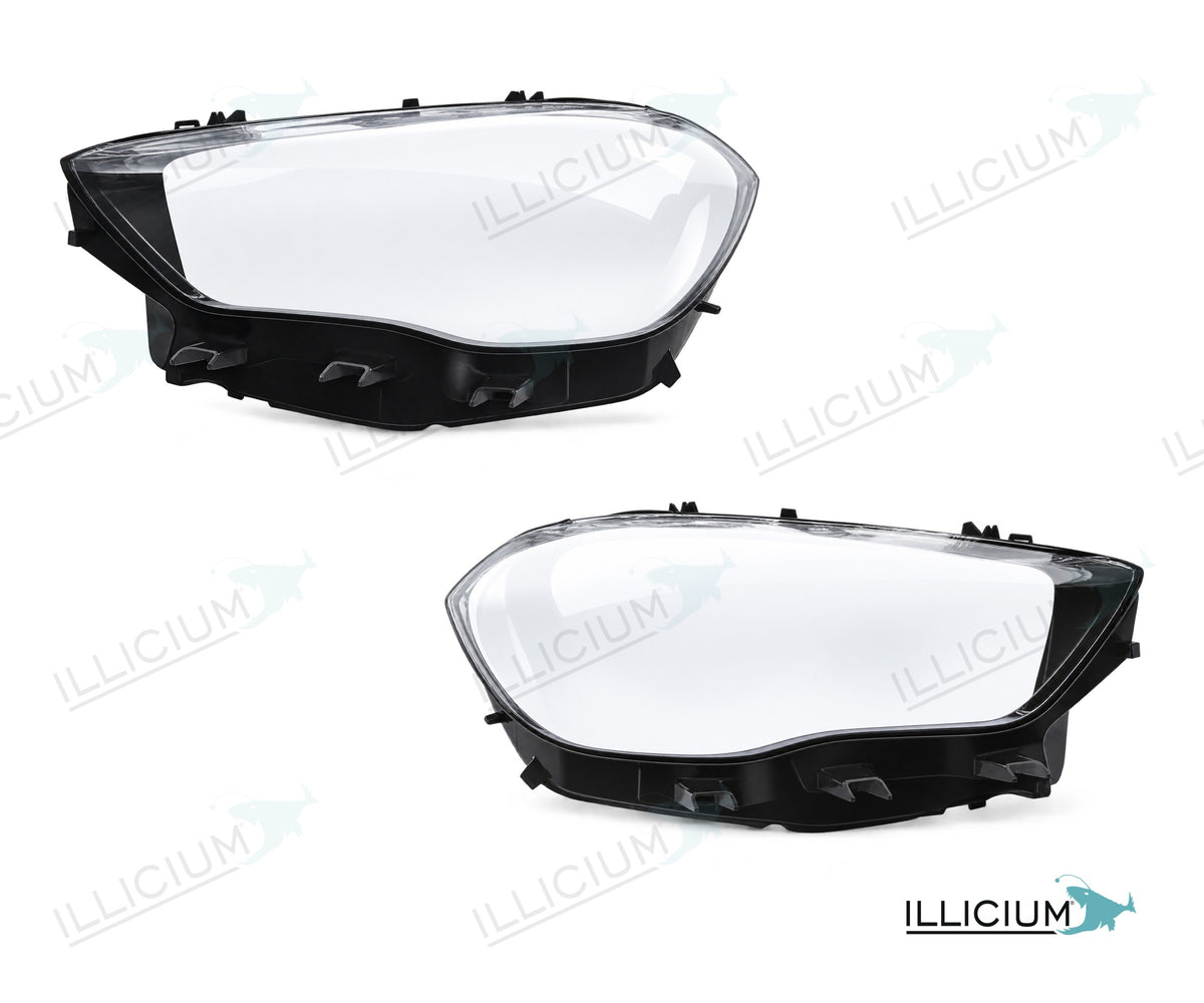 GLA H247 · Vorfacelift – Scheinwerferglas Paar, links und rechts in Fahrtrichtung, Produktillustration mit ILLICIUM-Logo