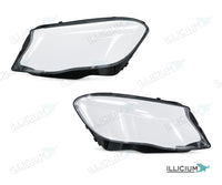 GLA X156 · Vorfacelift – Scheinwerferglas Paar, links und rechts in Fahrtrichtung, Produktillustration mit ILLICIUM-Logo