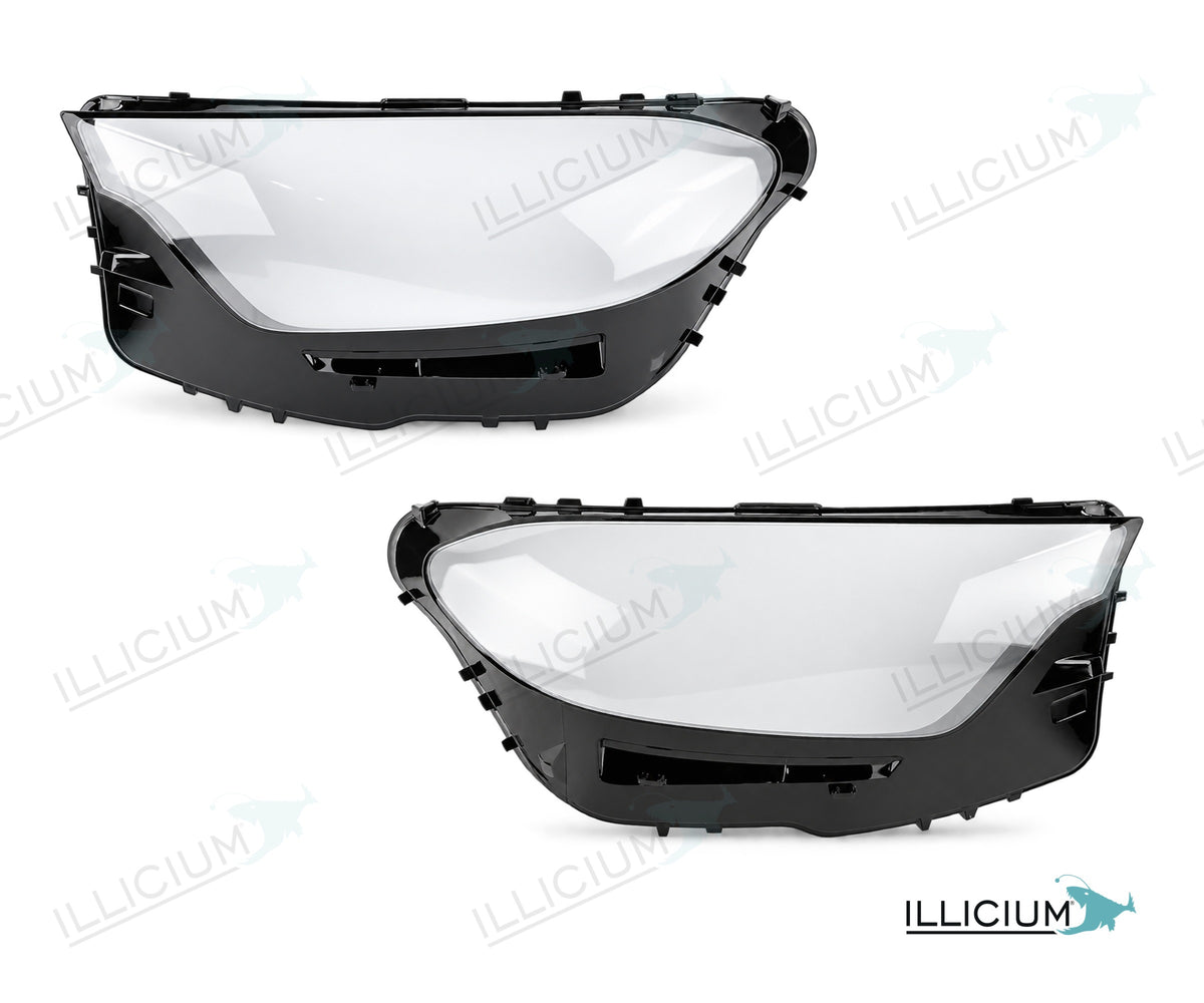GLC X254/C254 · konkrete Lieferantenhaube – Scheinwerferglas Paar, links und rechts in Fahrtrichtung, Produktillustration mit ILLICIUM-Logo