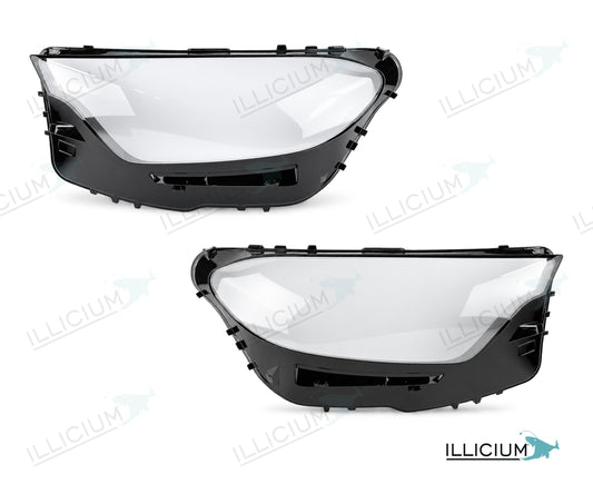 GLC X254/C254 · konkrete Lieferantenhaube – Scheinwerferglas Paar, links und rechts in Fahrtrichtung, Produktillustration mit ILLICIUM-Logo