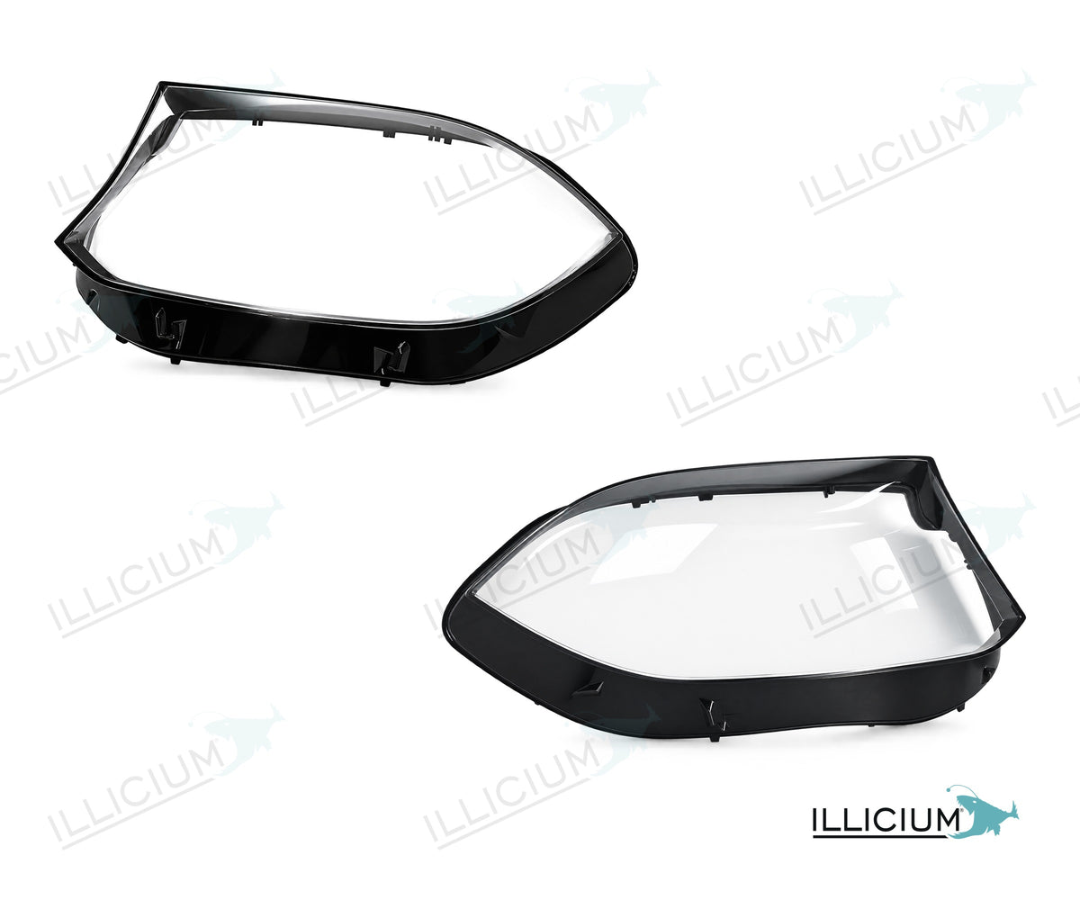 GLS X166 · konkrete Facelift-Haube – Scheinwerferglas Paar, links und rechts in Fahrtrichtung, Produktillustration mit ILLICIUM-Logo