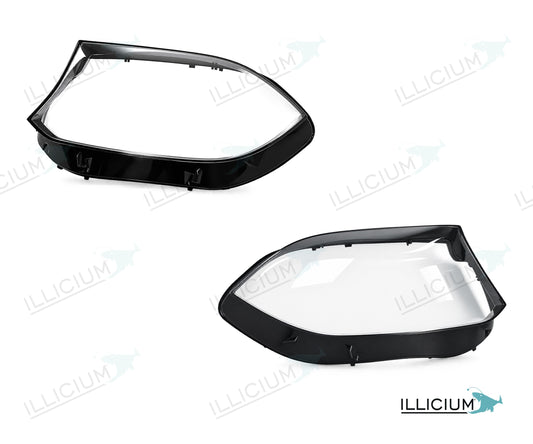 GLS X166 · konkrete Facelift-Haube – Scheinwerferglas Paar, links und rechts in Fahrtrichtung, Produktillustration mit ILLICIUM-Logo