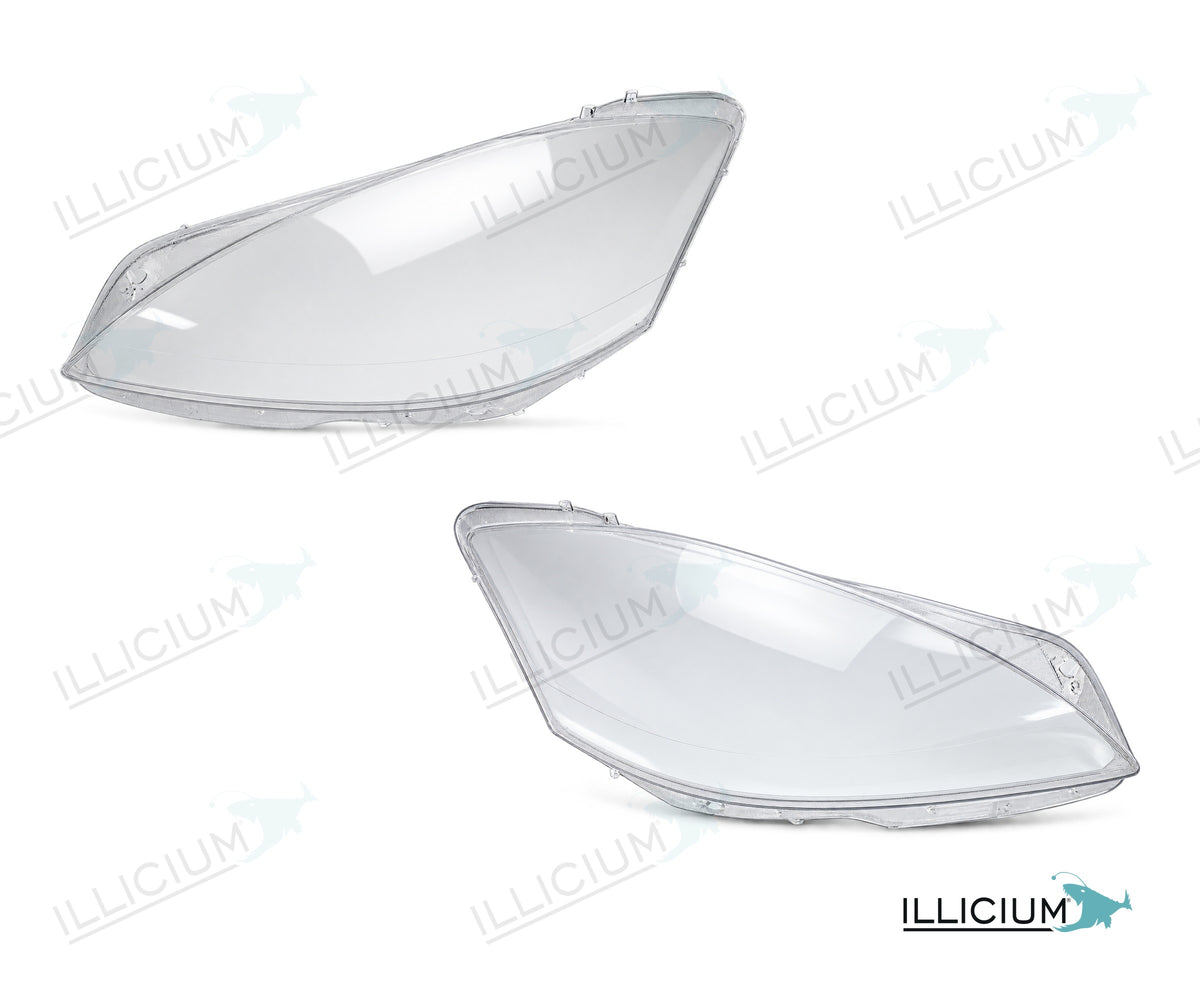 S-Klasse W221 · Facelift – Scheinwerferglas Paar, links und rechts in Fahrtrichtung, Produktillustration mit ILLICIUM-Logo