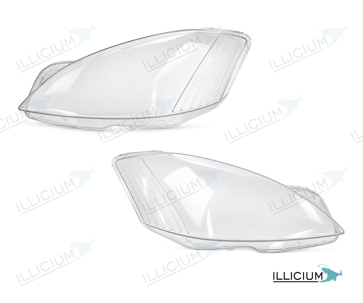 S-Klasse W221 · Vorfacelift – Scheinwerferglas Paar, links und rechts in Fahrtrichtung, Produktillustration mit ILLICIUM-Logo