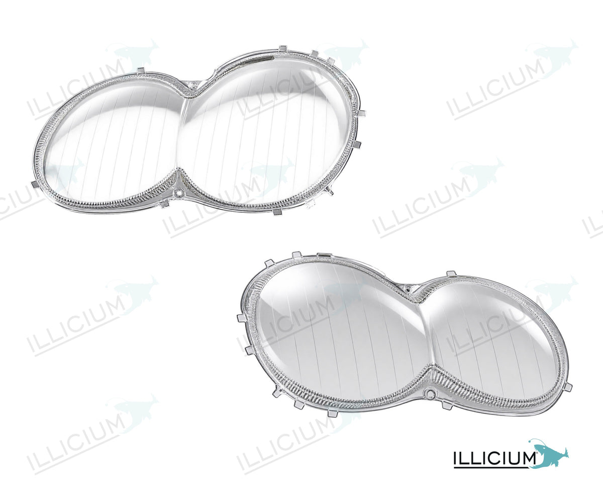 SL R230 · Händlerangabe 2003–2008 – Scheinwerferglas Paar, links und rechts in Fahrtrichtung, Produktillustration mit ILLICIUM-Logo