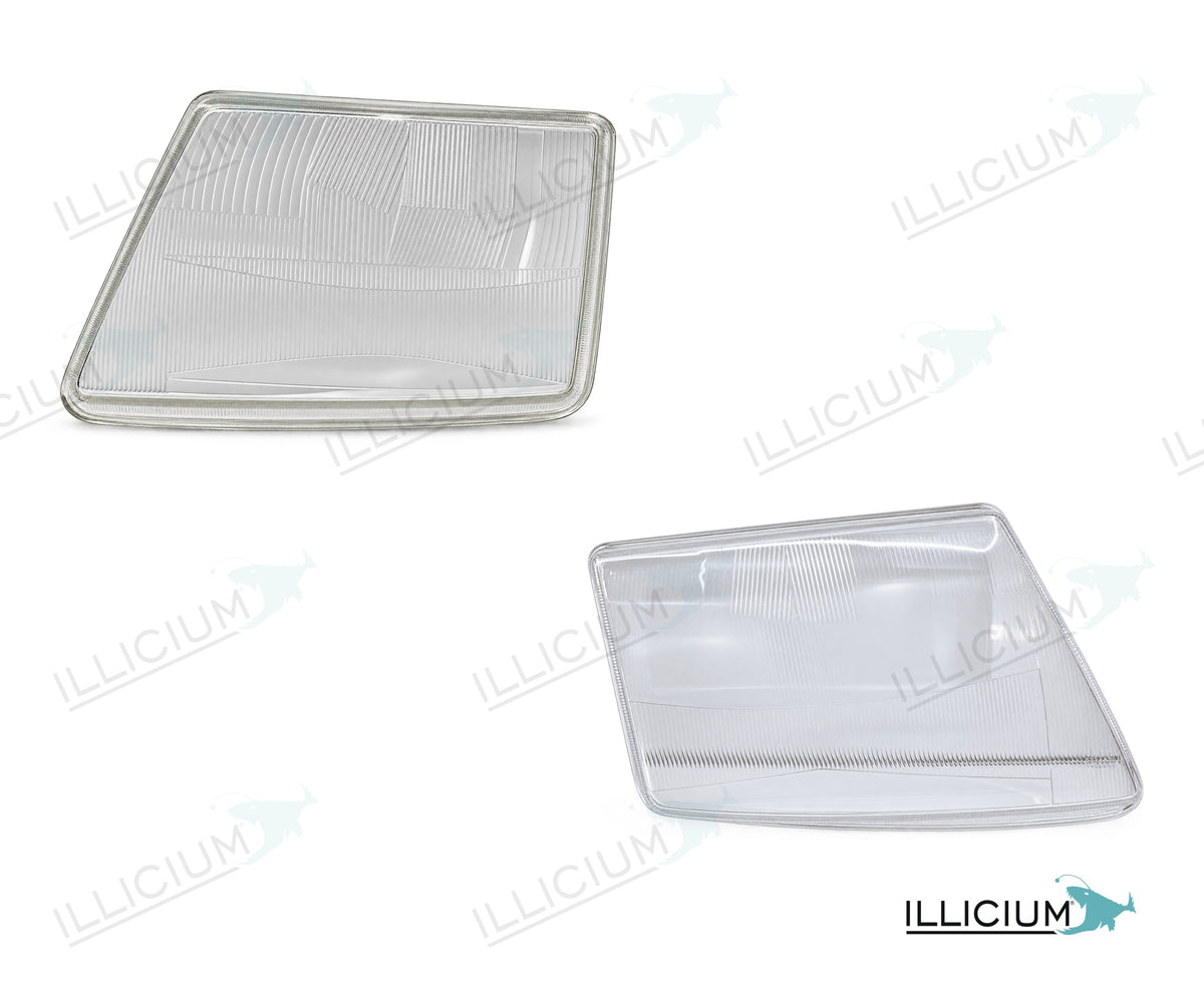 Vito W638 · konkrete Glasartikel A0038269390/A0038269490 – Scheinwerferglas Paar, links und rechts in Fahrtrichtung, Produktillustration mit ILLICIUM-Logo