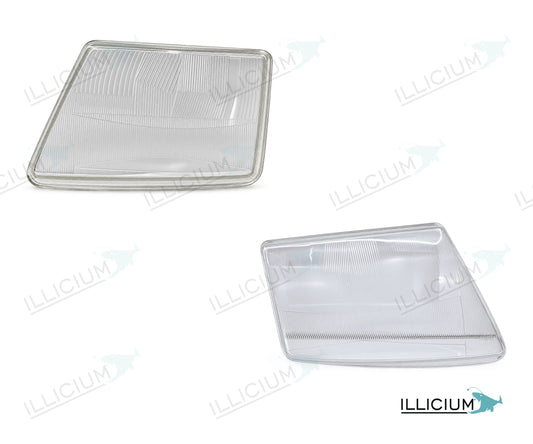 Vito W638 · konkrete Glasartikel A0038269390/A0038269490 – Scheinwerferglas Paar, links und rechts in Fahrtrichtung, Produktillustration mit ILLICIUM-Logo