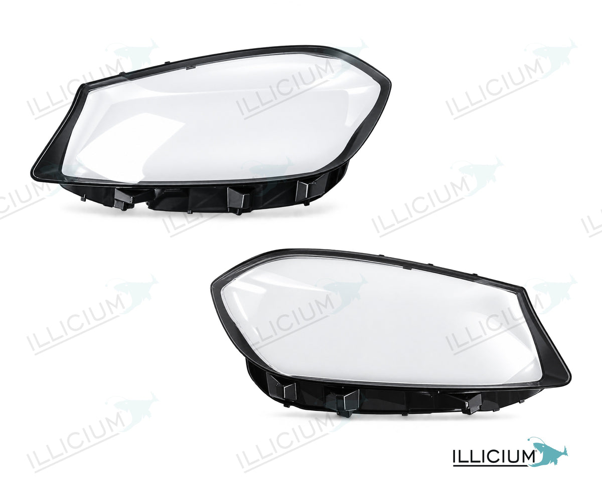 A-Klasse W176 · Facelift – Scheinwerferglas Paar, links und rechts in Fahrtrichtung, Produktillustration mit ILLICIUM-Logo