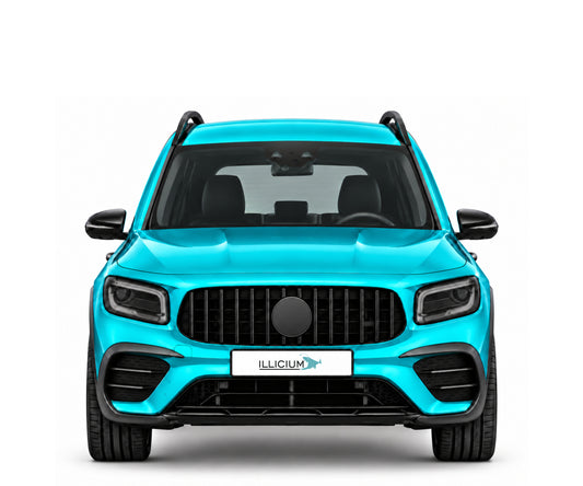 GLB X247 · AMG35 · Vorfacelift – Fahrzeugillustration in Türkis Metallic, schwarze Anbauteile, neutrale Emblemform und ILLICIUM-Kennzeichen