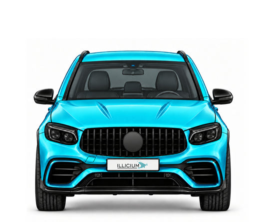 GLC X253 SUV · AMG63 S · Vorfacelift – Fahrzeugillustration in Türkis Metallic, schwarze Anbauteile, neutrale Emblemform und ILLICIUM-Kennzeichen