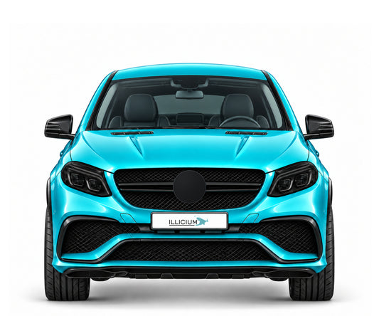 GLE C292 · AMG63 Coupé · 2015–2019 – Fahrzeugillustration in Türkis Metallic, schwarze Anbauteile, neutrale Emblemform und ILLICIUM-Kennzeichen