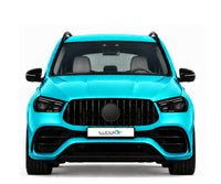 GLE V167 · AMG63S · Facelift2023 – Fahrzeugillustration in Türkis Metallic, schwarze Anbauteile, neutrale Emblemform und ILLICIUM-Kennzeichen