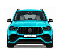 GLE V167 · AMG63S · Vorfacelift2019 – Fahrzeugillustration in Türkis Metallic, schwarze Anbauteile, neutrale Emblemform und ILLICIUM-Kennzeichen