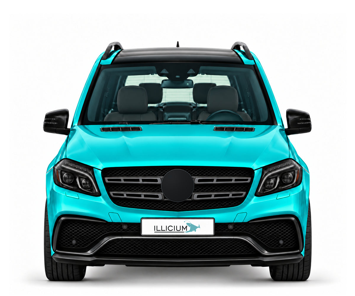 GLS X166 · GLS63 AMG · Facelift2016 – Fahrzeugillustration in Türkis Metallic, schwarze Anbauteile, neutrale Emblemform und ILLICIUM-Kennzeichen