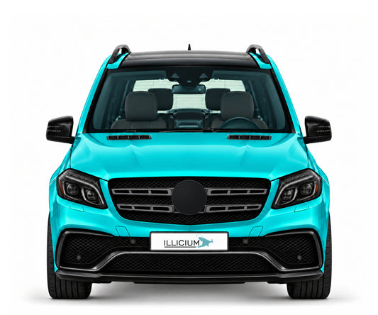 GLS X166 · GLS63 AMG · Facelift2016 – Fahrzeugillustration in Türkis Metallic, schwarze Anbauteile, neutrale Emblemform und ILLICIUM-Kennzeichen