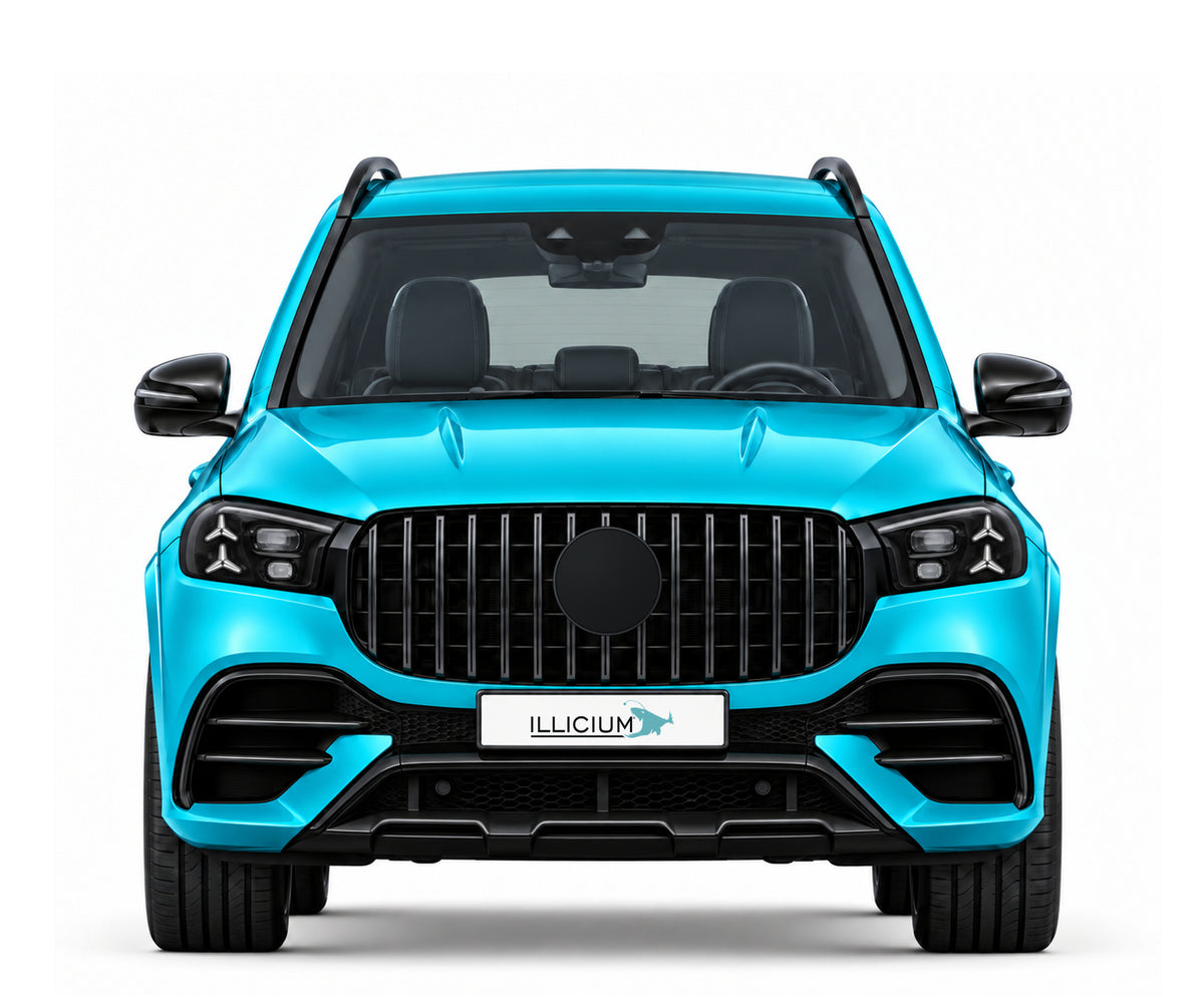 GLS X167 · Zweite Modellpflege 2026 – Fahrzeugillustration in Türkis Metallic, schwarze Anbauteile, neutrale Emblemform und ILLICIUM-Kennzeichen