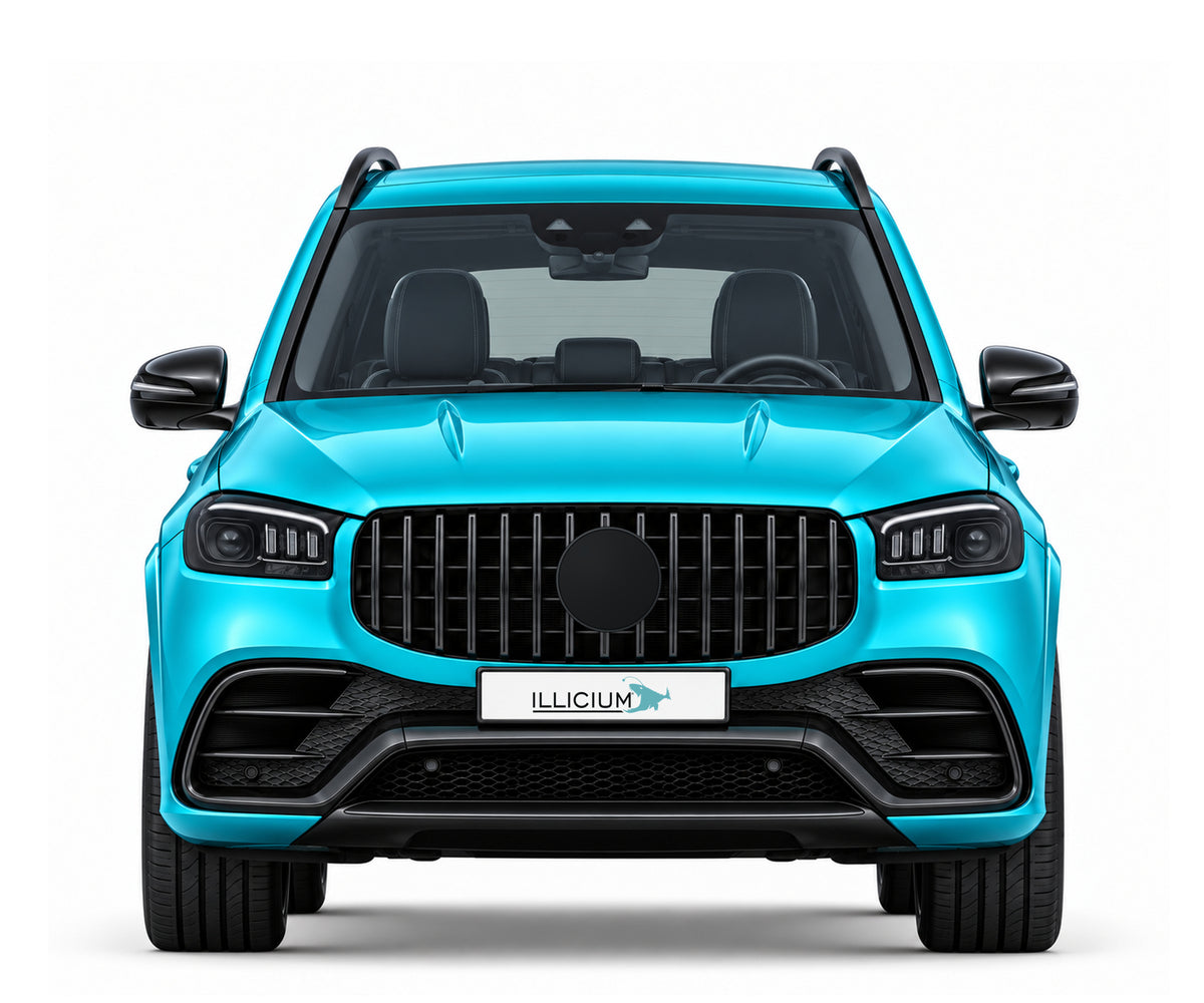 GLS X167 · AMG GLS63 · 2019–2025 – Fahrzeugillustration in Türkis Metallic, schwarze Anbauteile, neutrale Emblemform und ILLICIUM-Kennzeichen