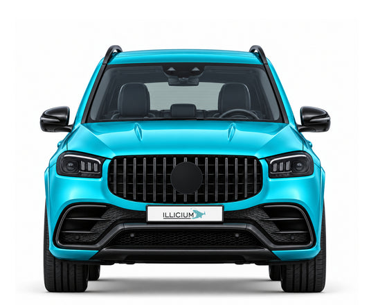 GLS X167 · AMG GLS63 · 2019–2025 – Fahrzeugillustration in Türkis Metallic, schwarze Anbauteile, neutrale Emblemform und ILLICIUM-Kennzeichen