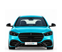 S-Klasse W223 · AMG Line · Facelift2026 – Fahrzeugillustration in Türkis Metallic, schwarze Anbauteile, neutrale Emblemform und ILLICIUM-Kennzeichen