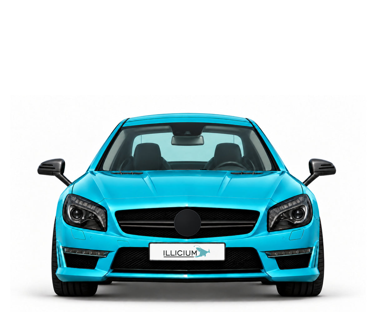 SL R231 · SL63 AMG · Vorfacelift2012 – Fahrzeugillustration in Türkis Metallic, schwarze Anbauteile, neutrale Emblemform und ILLICIUM-Kennzeichen