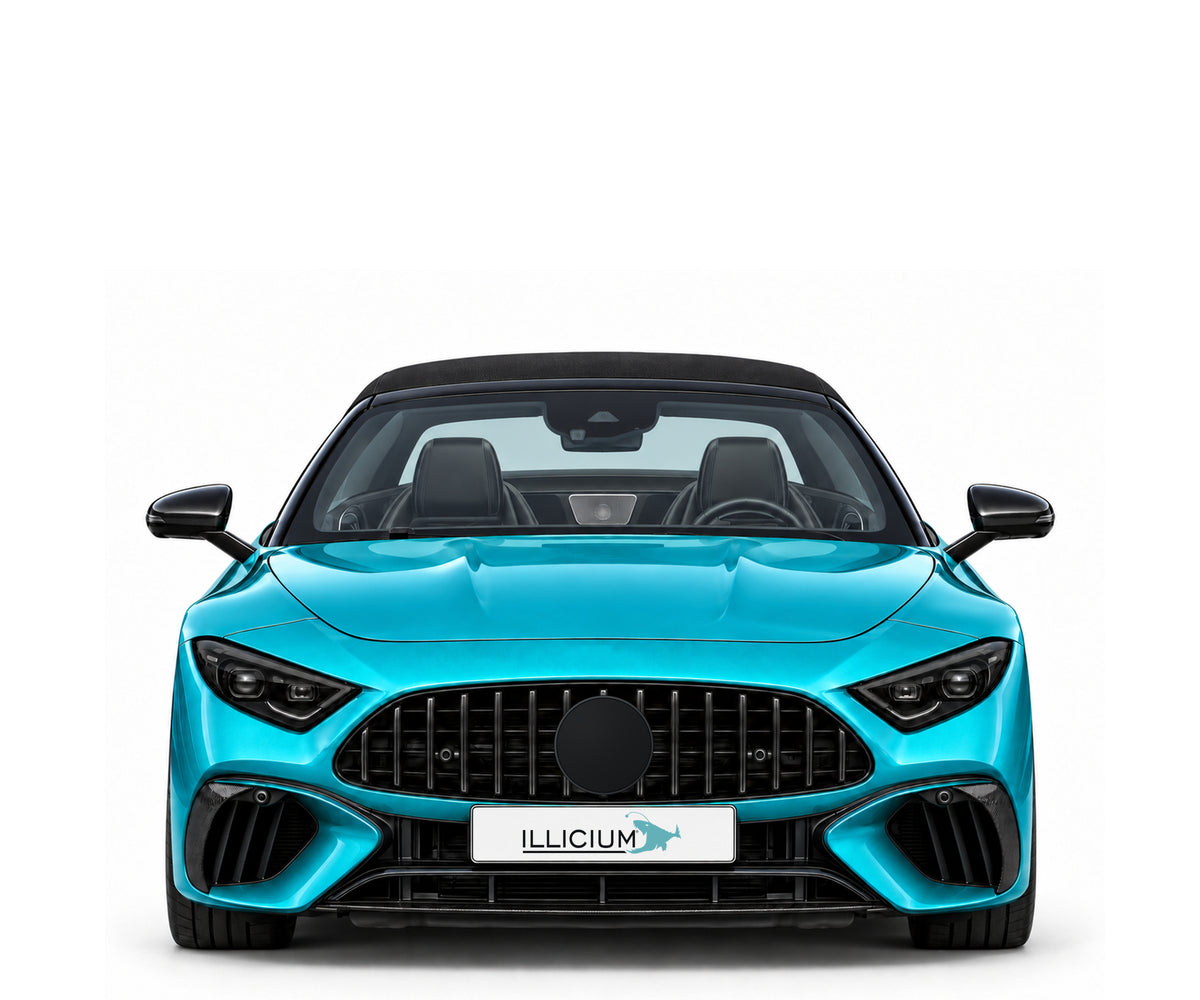 SL R232 · AMG SL63 · 2021 – Fahrzeugillustration in Türkis Metallic, schwarze Anbauteile, neutrale Emblemform und ILLICIUM-Kennzeichen