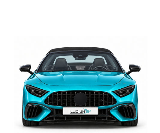 SL R232 · AMG SL63 · 2021 – Fahrzeugillustration in Türkis Metallic, schwarze Anbauteile, neutrale Emblemform und ILLICIUM-Kennzeichen