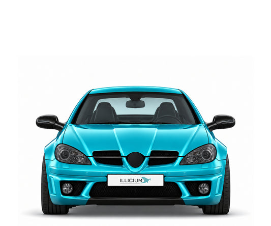 SLK R171 · SLK55 AMG · Facelift2008 – Fahrzeugillustration in Türkis Metallic, schwarze Anbauteile, neutrale Emblemform und ILLICIUM-Kennzeichen