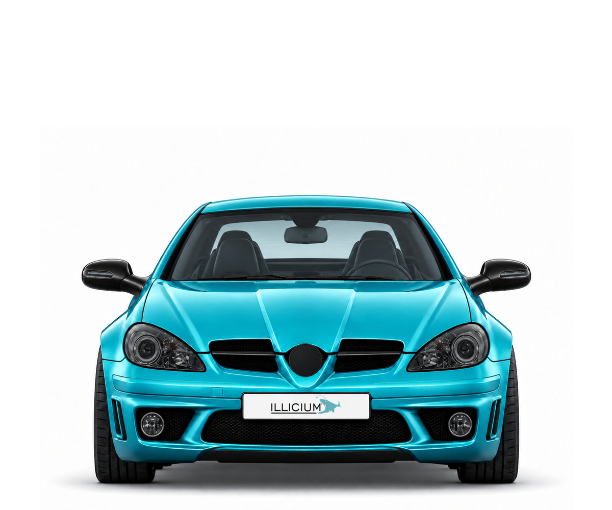 SLK R171 · SLK55 AMG · Vorfacelift2004 – Fahrzeugillustration in Türkis Metallic, schwarze Anbauteile, neutrale Emblemform und ILLICIUM-Kennzeichen