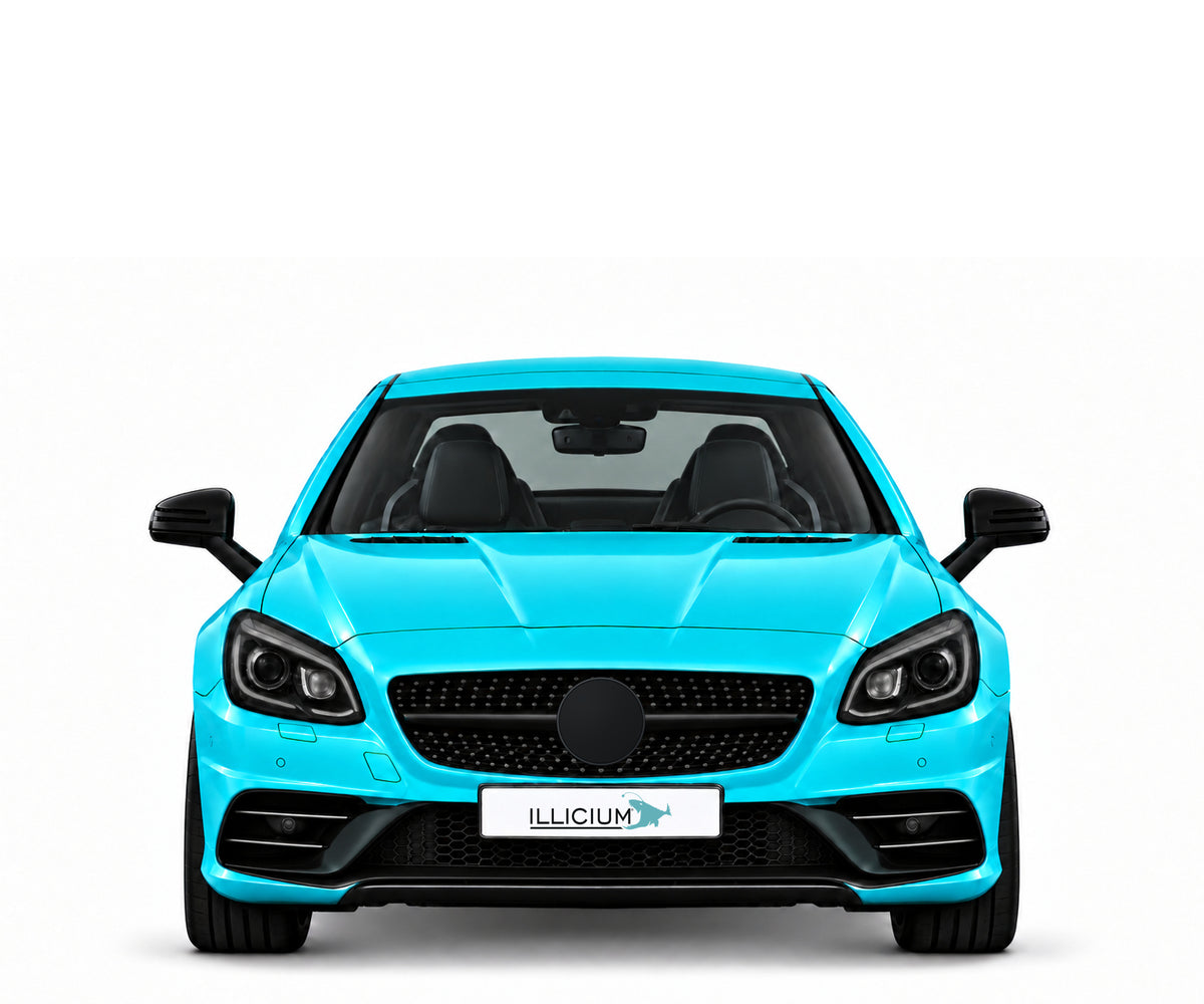 SLC R172 · AMG43 · Facelift2016 – Fahrzeugillustration in Türkis Metallic, schwarze Anbauteile, neutrale Emblemform und ILLICIUM-Kennzeichen