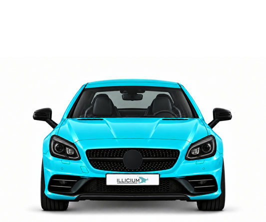 SLC R172 · AMG43 · Facelift2016 – Fahrzeugillustration in Türkis Metallic, schwarze Anbauteile, neutrale Emblemform und ILLICIUM-Kennzeichen