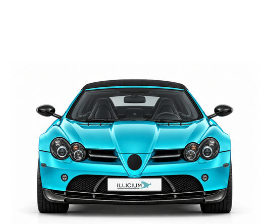 SLR McLaren Roadster R199 · 722 S · geschlossenes Stoffdach – Fahrzeugillustration in Türkis Metallic, schwarze Anbauteile, neutrale Emblemform und ILLICIUM-Kennzeichen