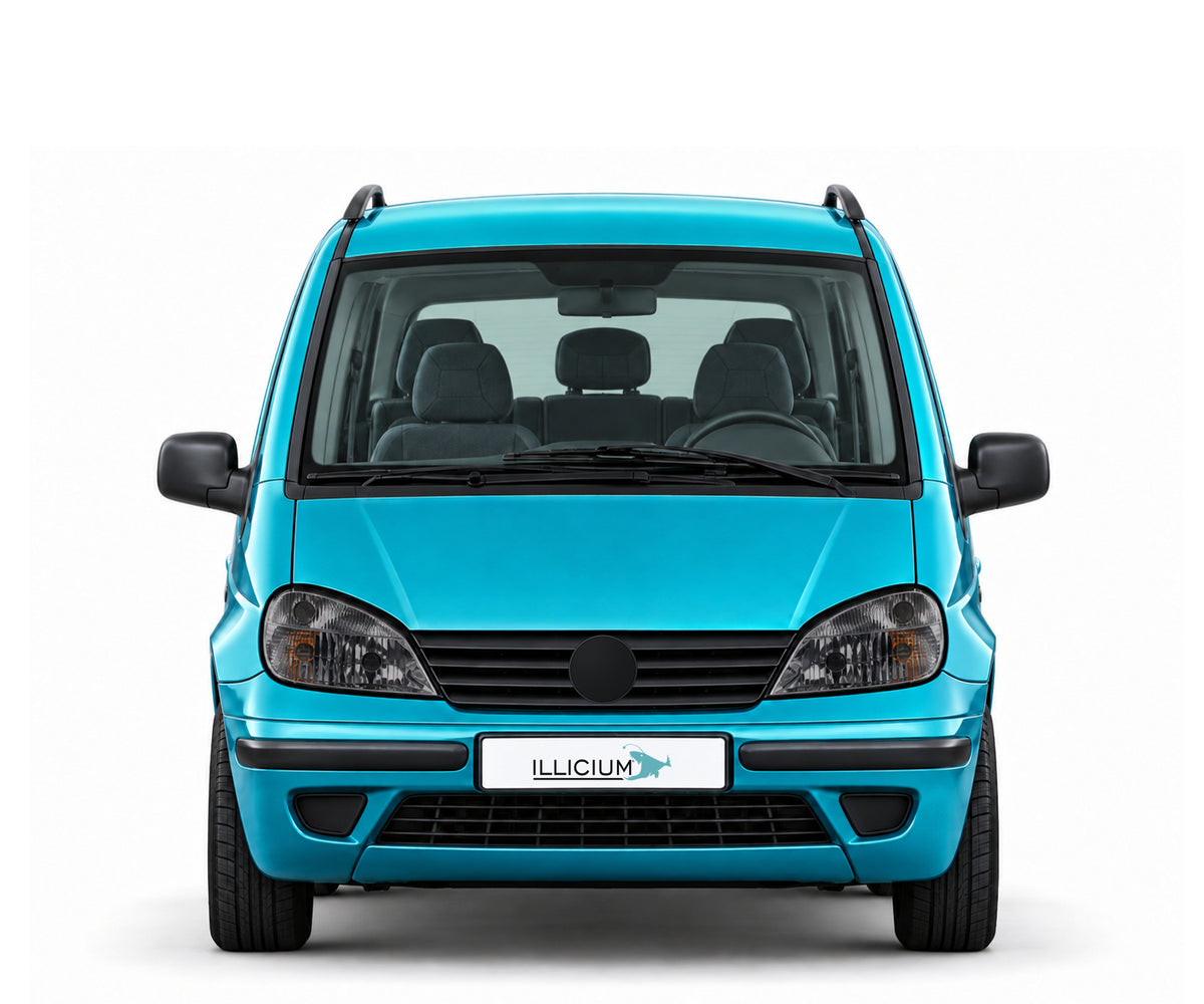 Vaneo W414 · Trend – Fahrzeugillustration in Türkis Metallic, schwarze Anbauteile, neutrale Emblemform und ILLICIUM-Kennzeichen