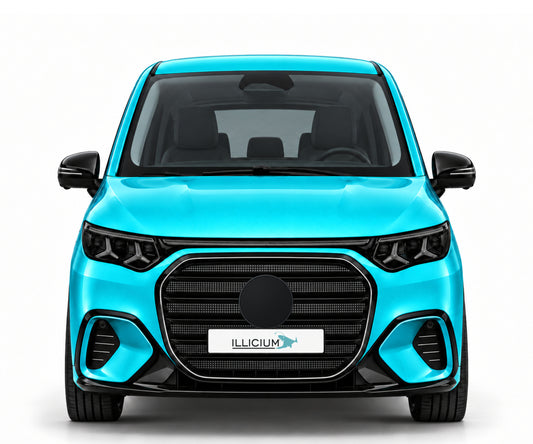 VLE400 4MATIC ELECTRIC · AMG Line Plus ·2026 – Fahrzeugillustration in Türkis Metallic, schwarze Anbauteile, neutrale Emblemform und ILLICIUM-Kennzeichen