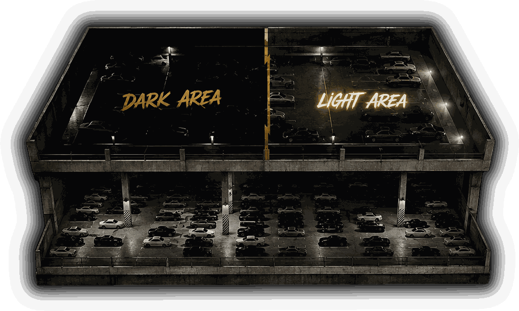 Parkhaus-Schnitt: Dark Area, Light Area und Erdgeschoss